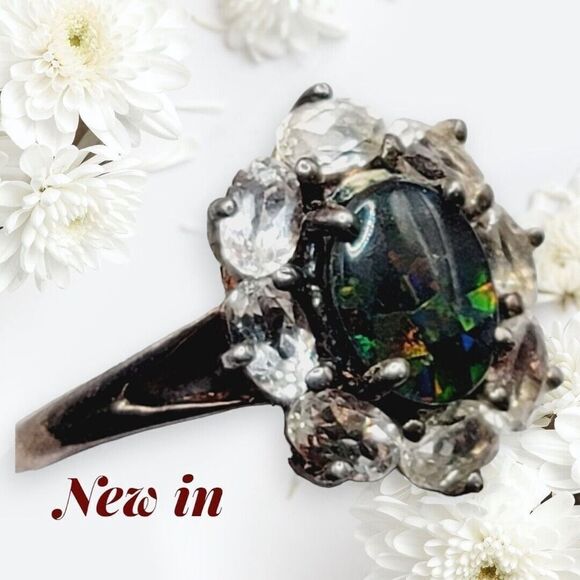 NWOT Sterling Silver Black Fire Opal Ring With Cluster Topaz Jewelry Gift - Picture 11 of 14